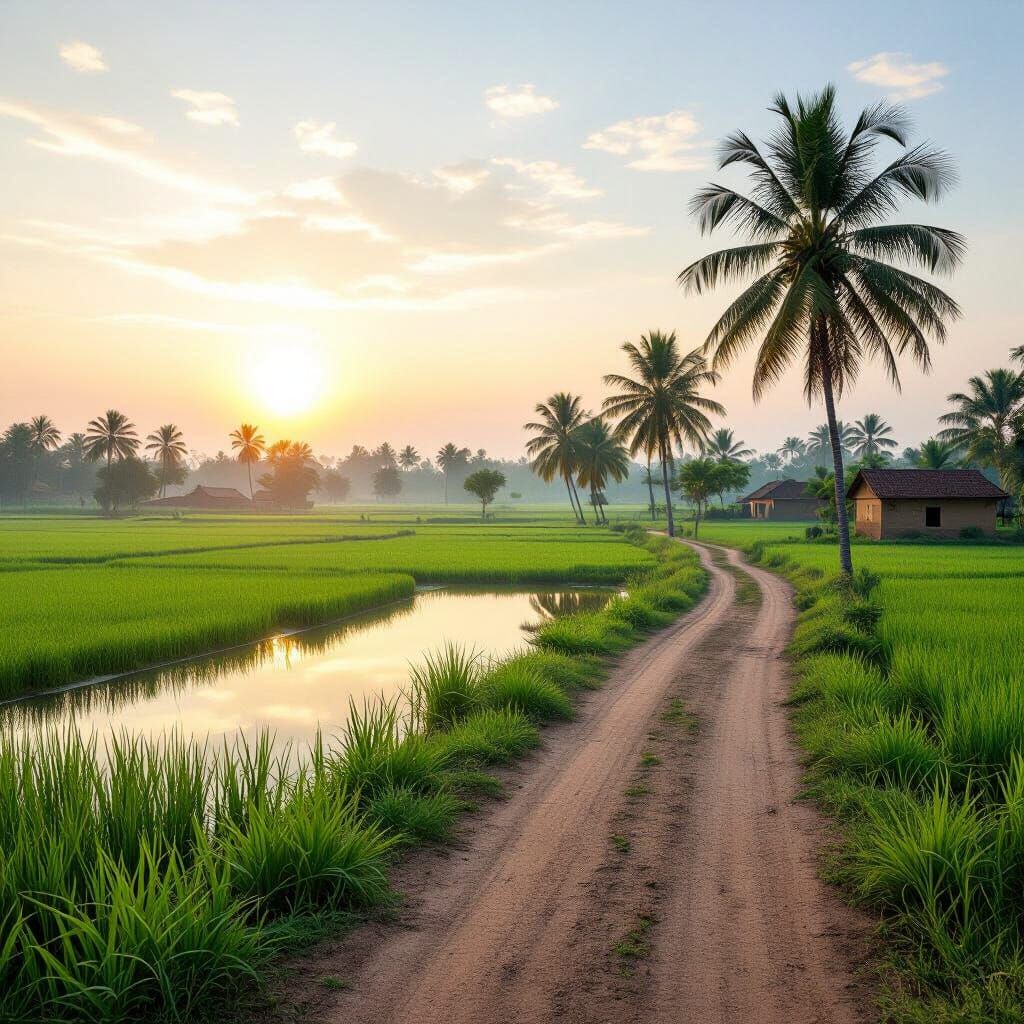 Serene Rural Bengal at Dawn: Paddy Fields and Reflecting Pon...
