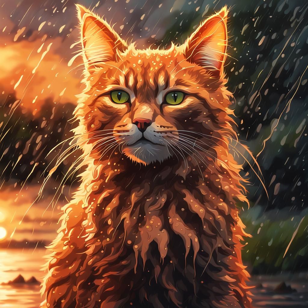 A wet cat in the rain during sunset.   by @Maria