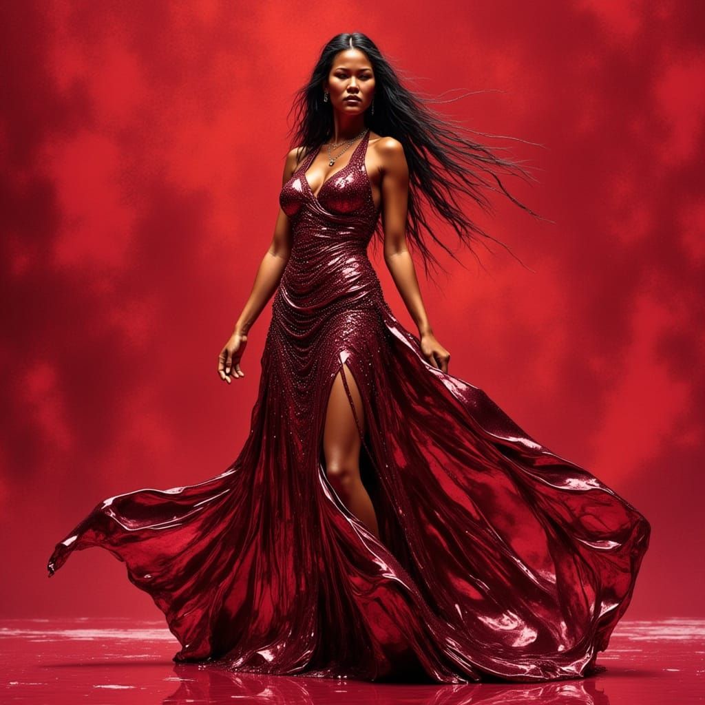 <lora:Metal Fusion:1.0> A native woman wearing a dress of melting liquid Winza Rubies. <lora:Archetypal Images:1.0> <lora:Winza Rubies:1.0> ...