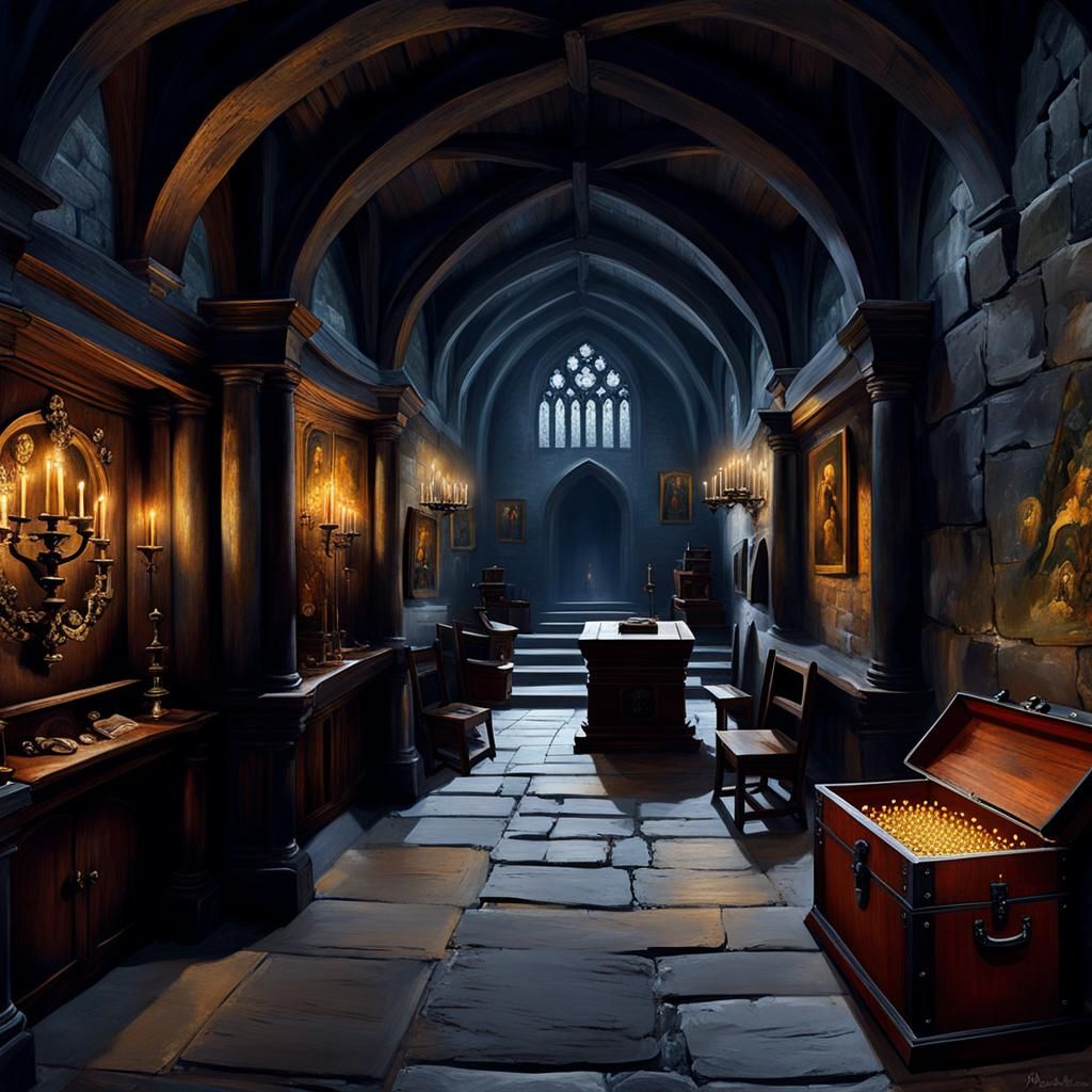 A dark and cold medieval lair, an enormous chamber with slip...