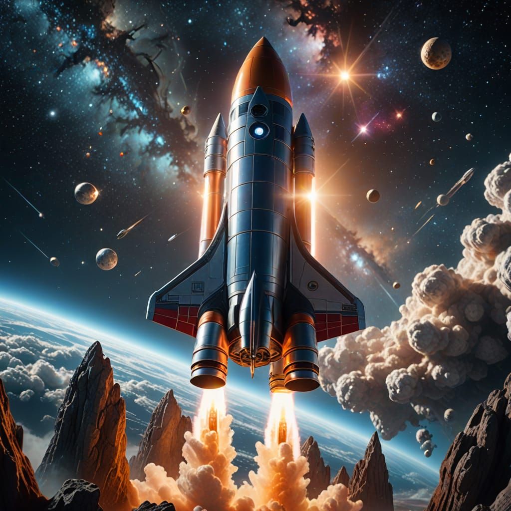 Photograph. Wide shot. A mesmerizing realistic rocketship, crafted from crystal, soars through the cosmos. Amazing beautiful scenery looking...