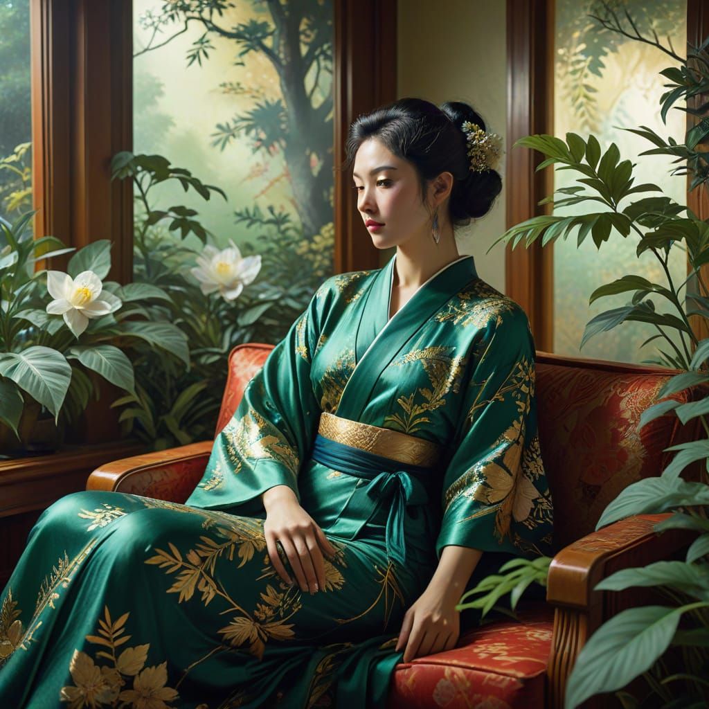 Woman in Green Room with Nebula, Surreal Art