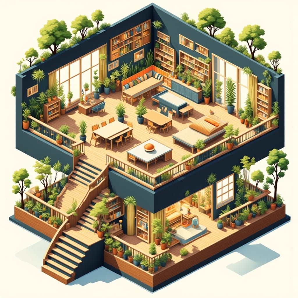 <lora:Isometric-art:1.0> <lora:Isometric Diorama v2:1.0> Cosy hygge isometric corner home illustration, interior design, split storey treeho...