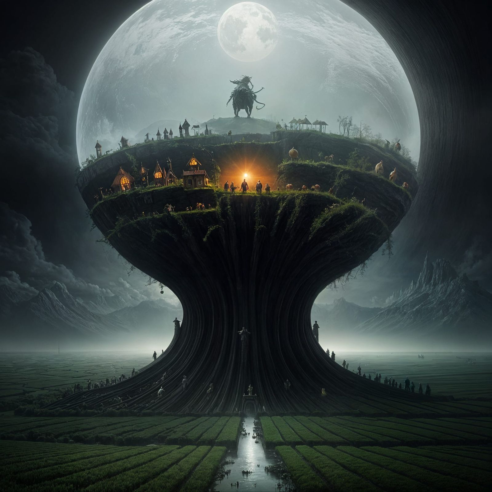 Surreal Nightmare Scene with Bizarre Floating Figures
