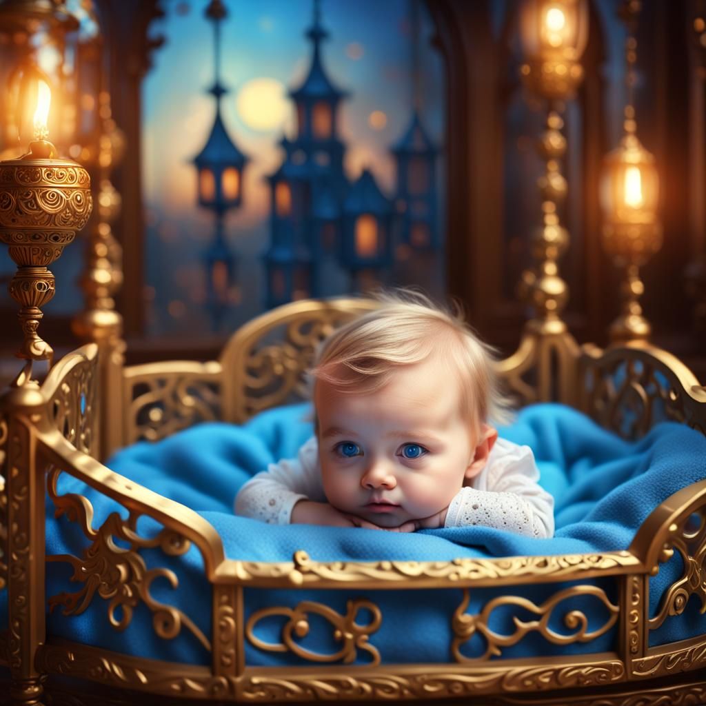 Adorable Baby in Carved Bed: Fantasy Art