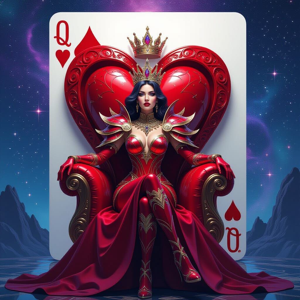 The Queen of Hearts from the deck of cards reimagined as an intergalactic empress, adorned with crystalline ...  by @April