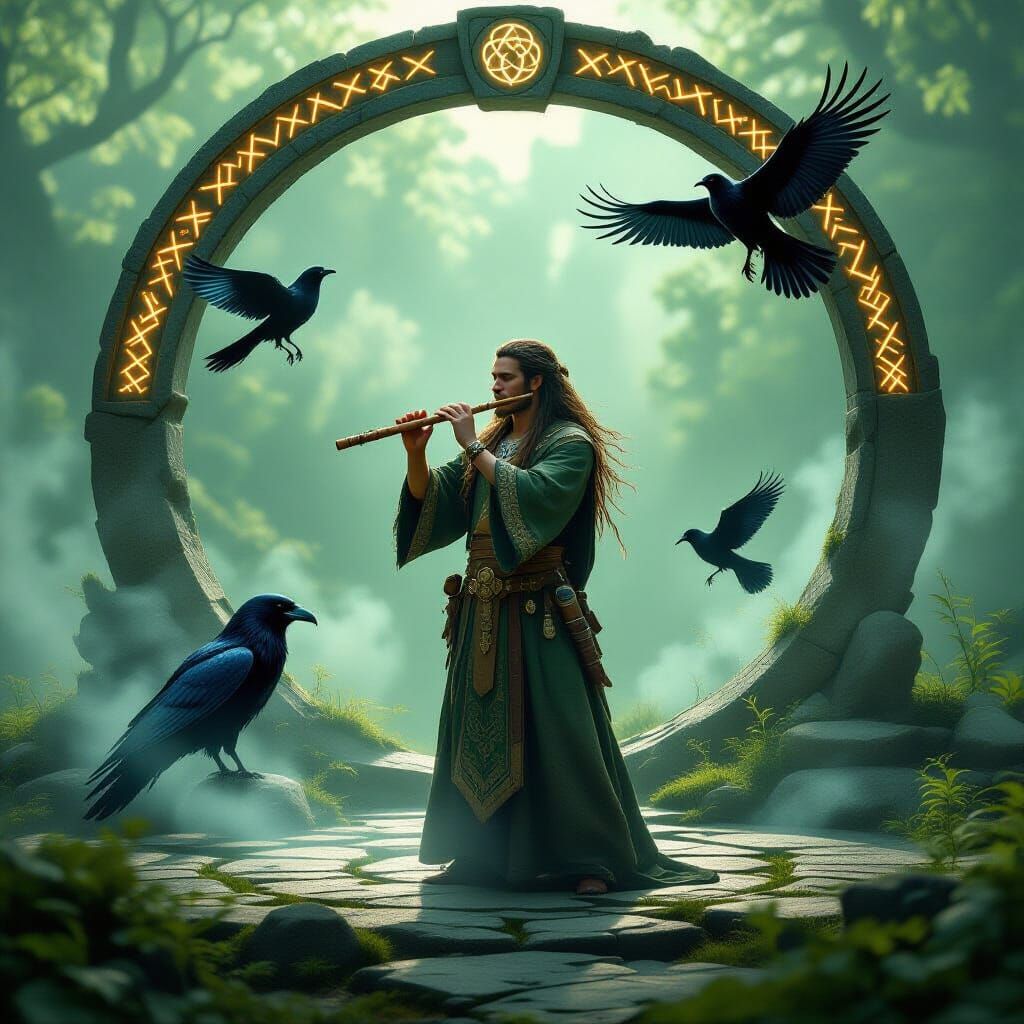 Celtic bard standing on an ancient stone circle, playing a wooden flute carved with glowing runes, sound waves forming spirit animals (wolf,...