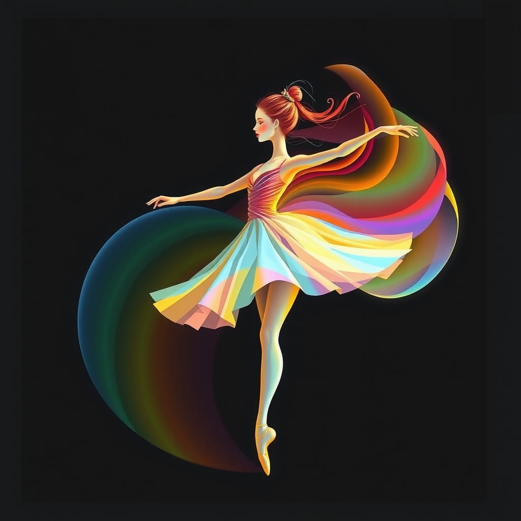 Swirling rainbows create the outline figure of a ballerina 