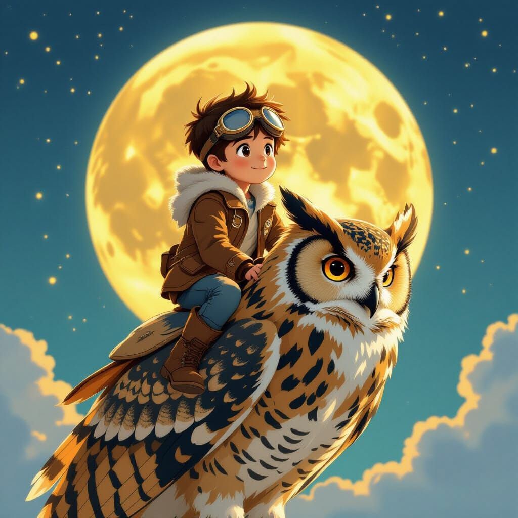 Boy Rides Owl Under Moonlit Sky