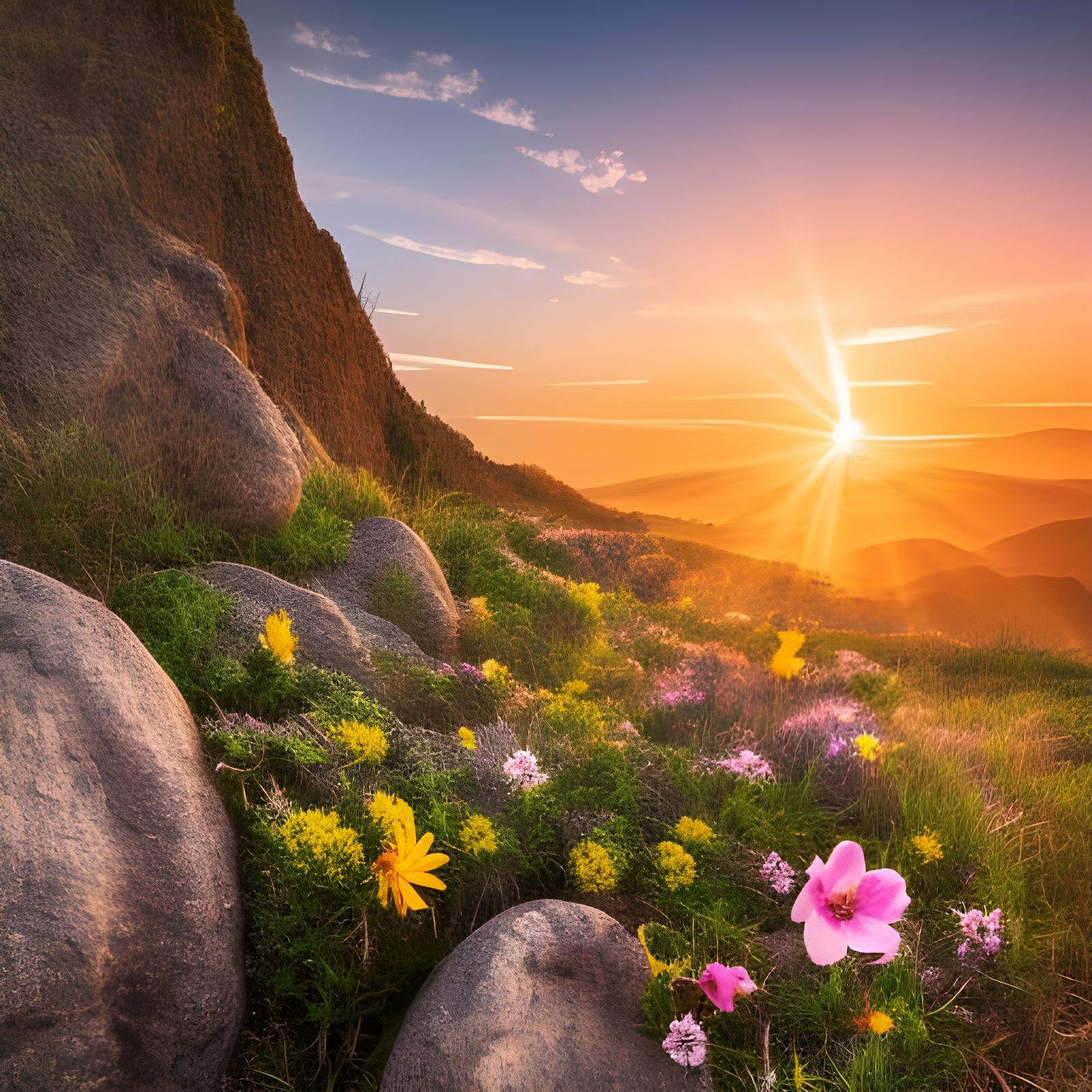 Rocky Landscape, cracks with flowers growing, beautiful sunrise, dew on rocks, hyper-detailed  by @Zardoz