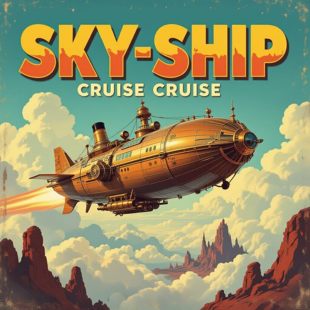 Retro illustration. A 1960s-style advertisement for a fantastical 'sky-ship' cruise, featuring a majestic ...  by @Black Cell