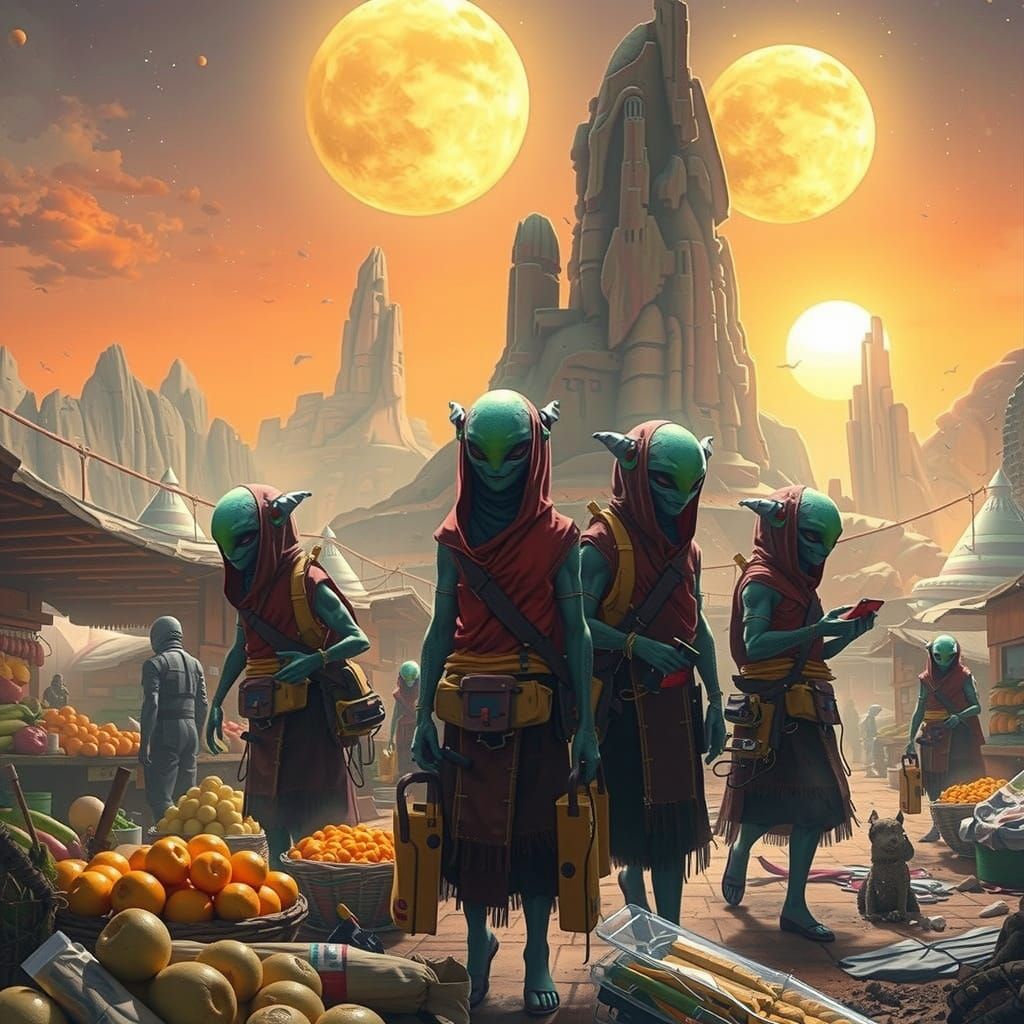 A bustling alien market street filled with strange creatures and exotic goods, set on a distant planet ...  by @Silphir