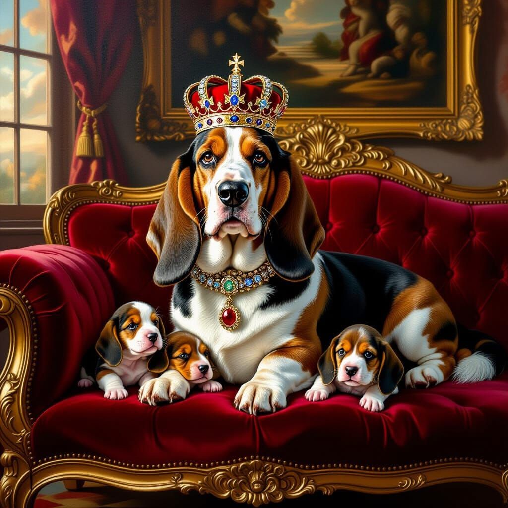 Regal Basset Hound Portrait with Puppies in Baroque Style