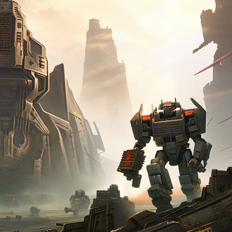 Battletech mech moving through a destroyed city