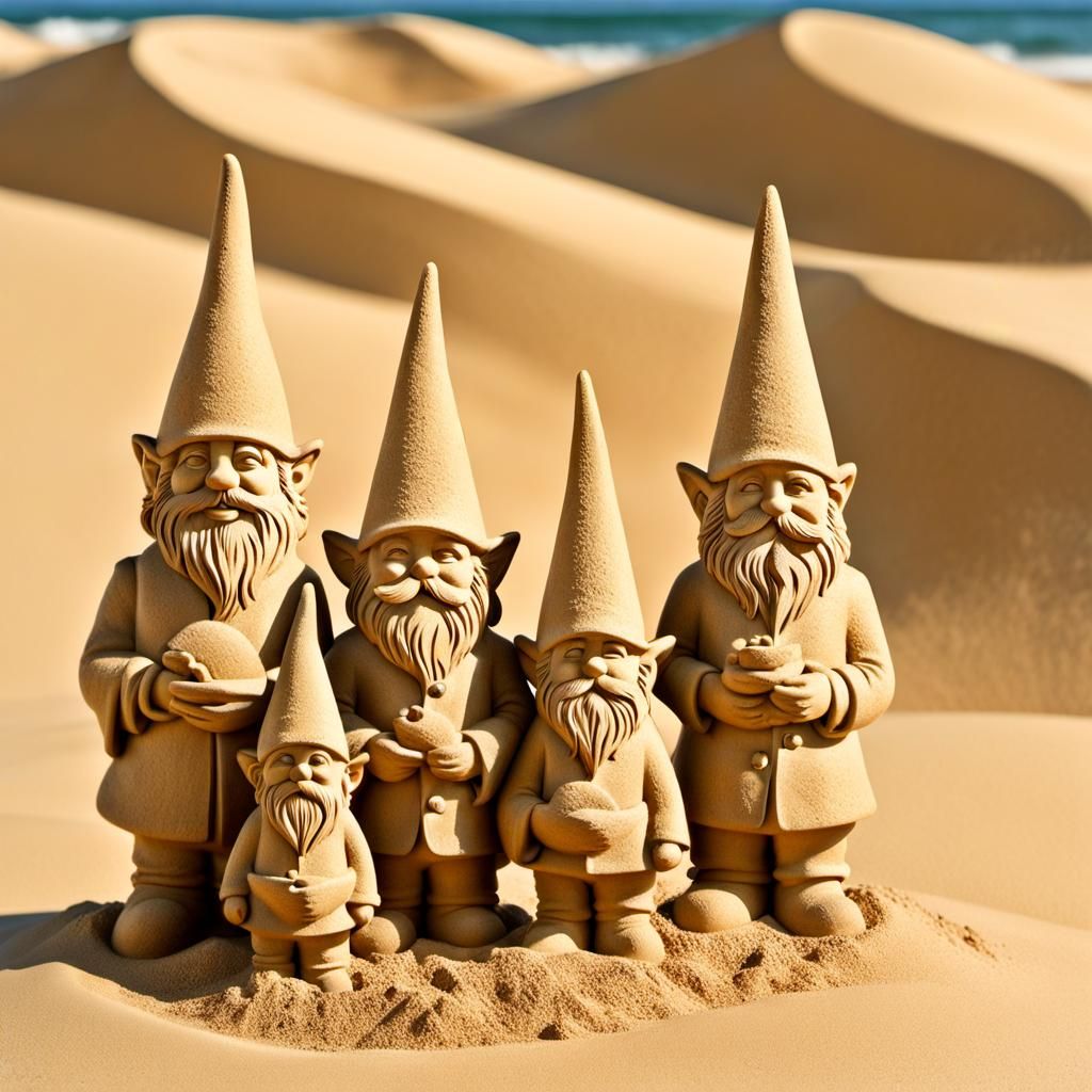 Sand sculpture of a family of gnomes