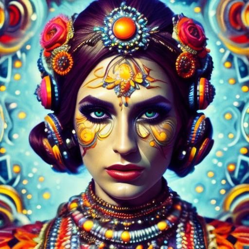 <lora:Candy Cosmos:1.0> Hyperrealistic portrait of a beautiful woman wearing intricately detailed colorful clothing and futuristic jewellery...