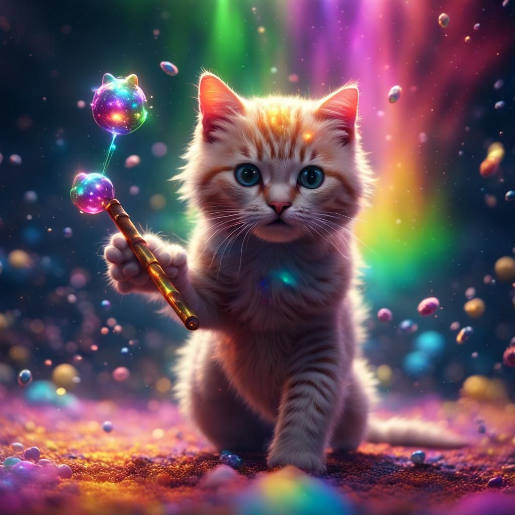 Kitty hovering in air is surrounded by rainbow magic particl...