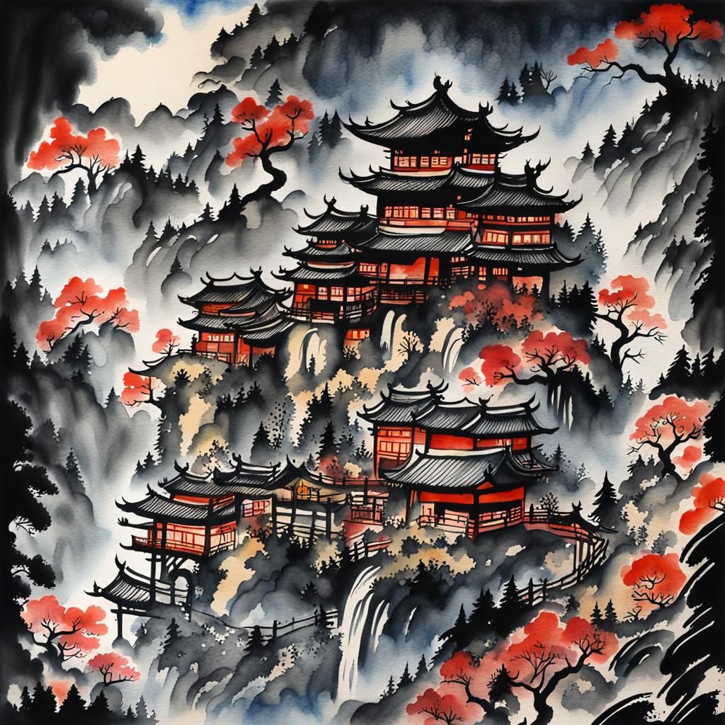 ink drawing + folk painting + oriental + watercolor + natura...