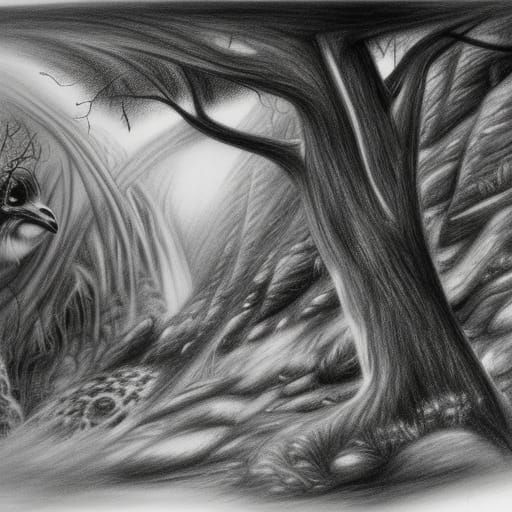 Highly detailed drawing of an owl seen from the front formin...