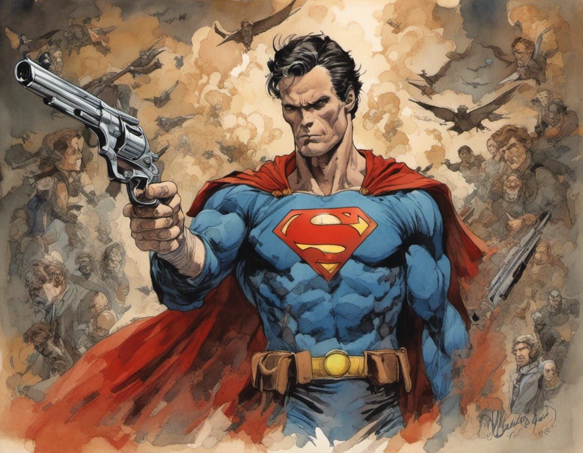 <lora:RomanticWatercolor:1.0> Clint Eastwood as Superman hol...