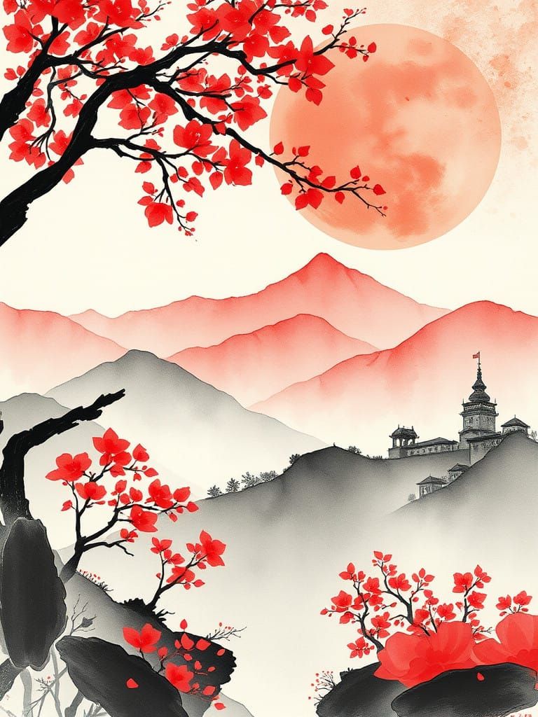 Vibrant Watercolor Landscape in Reds