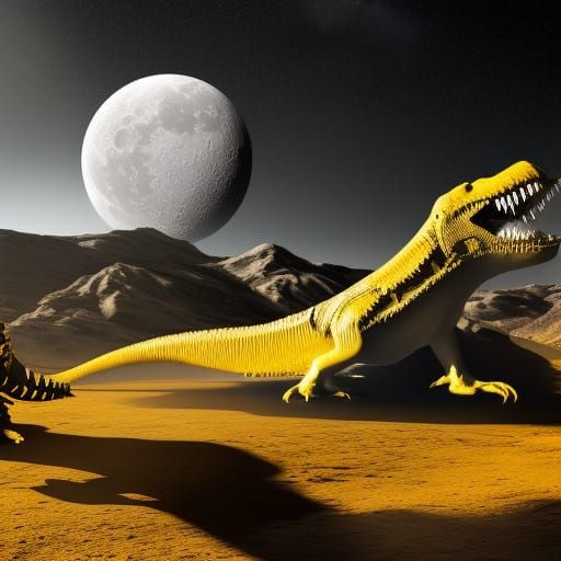 black white and yellow, t rex on the moon