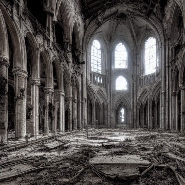 Hauntingly beautiful decayed cathedral in a wasteland landscape - AI ...