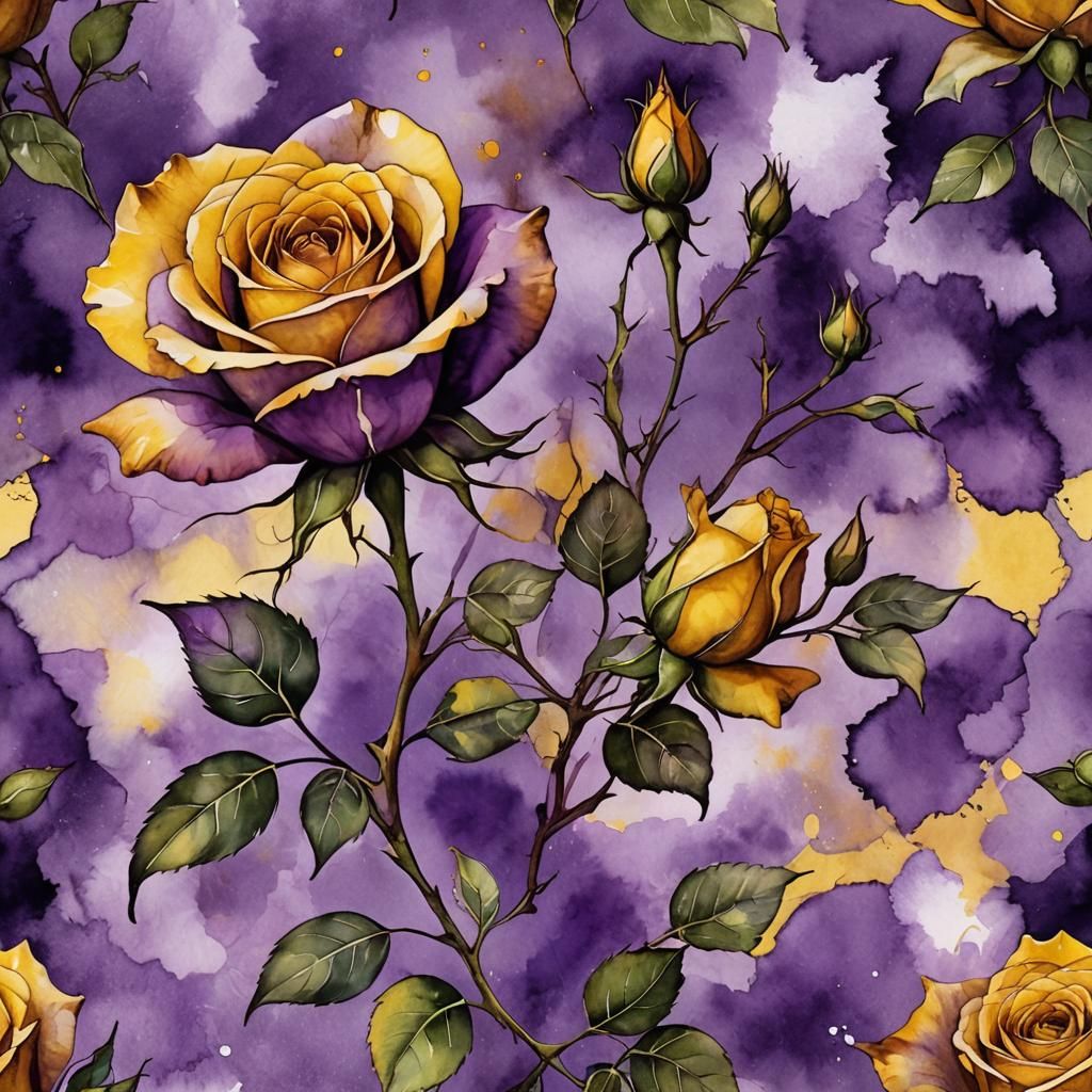 The beautiful Yellow Rose of Texas in antique purple waterco...