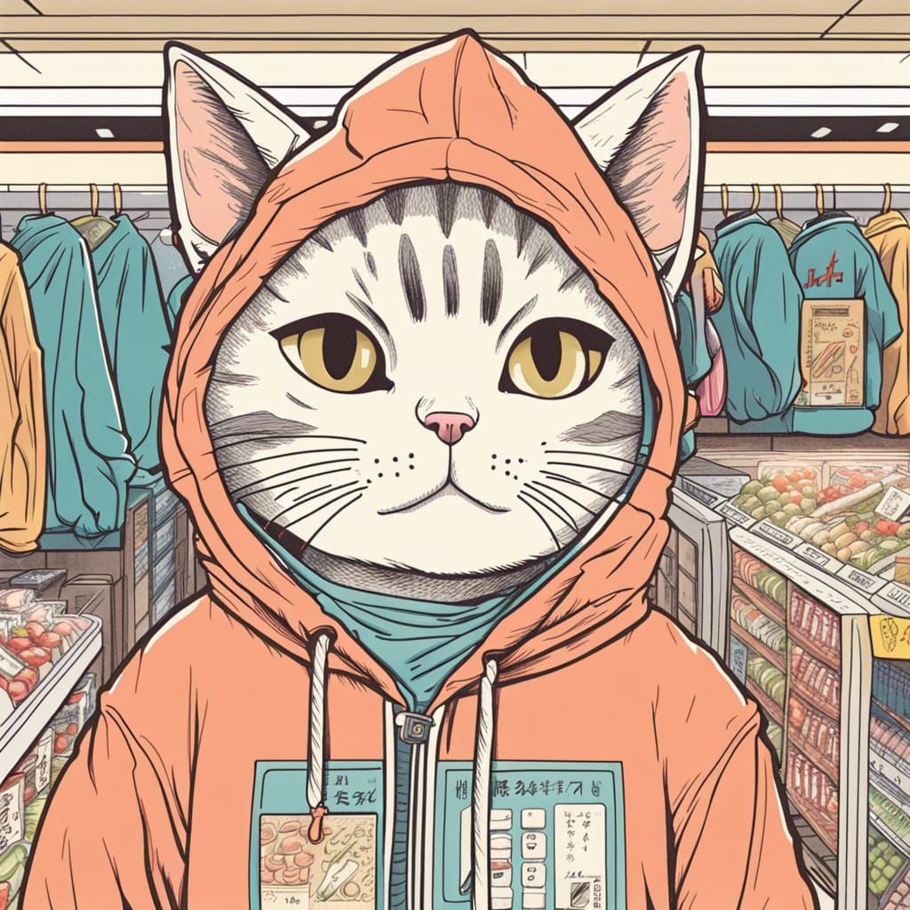 cat wearing hoodie,in the style of 80's vintage anime,retro,...