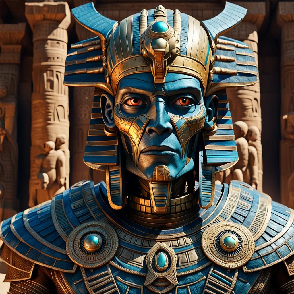 a close up of a person in a costume with a large head, 8 k highly detailed, egyptian cyborg armor, egyptian mummy king, movie still of aztec...