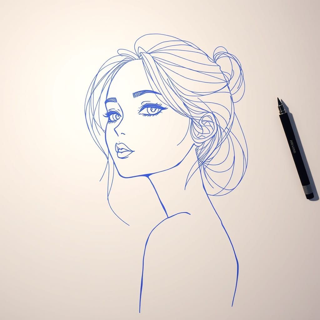 A single-line drawing of a woman with expressive contours, rendered in a minimalist, fluid blue  ink ...  by @coupdevent