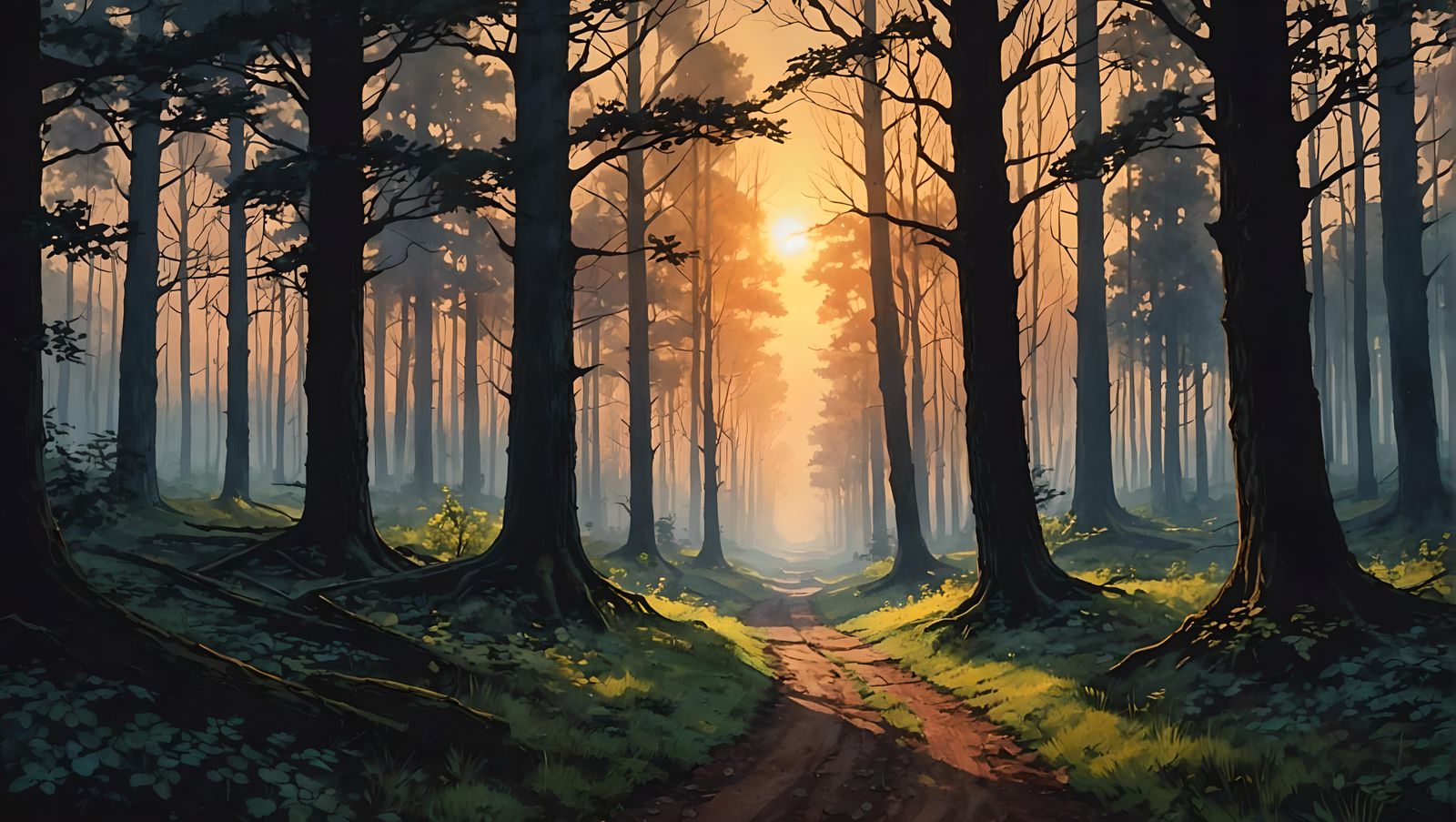 Sunlit Forest Path Watercolor Painting