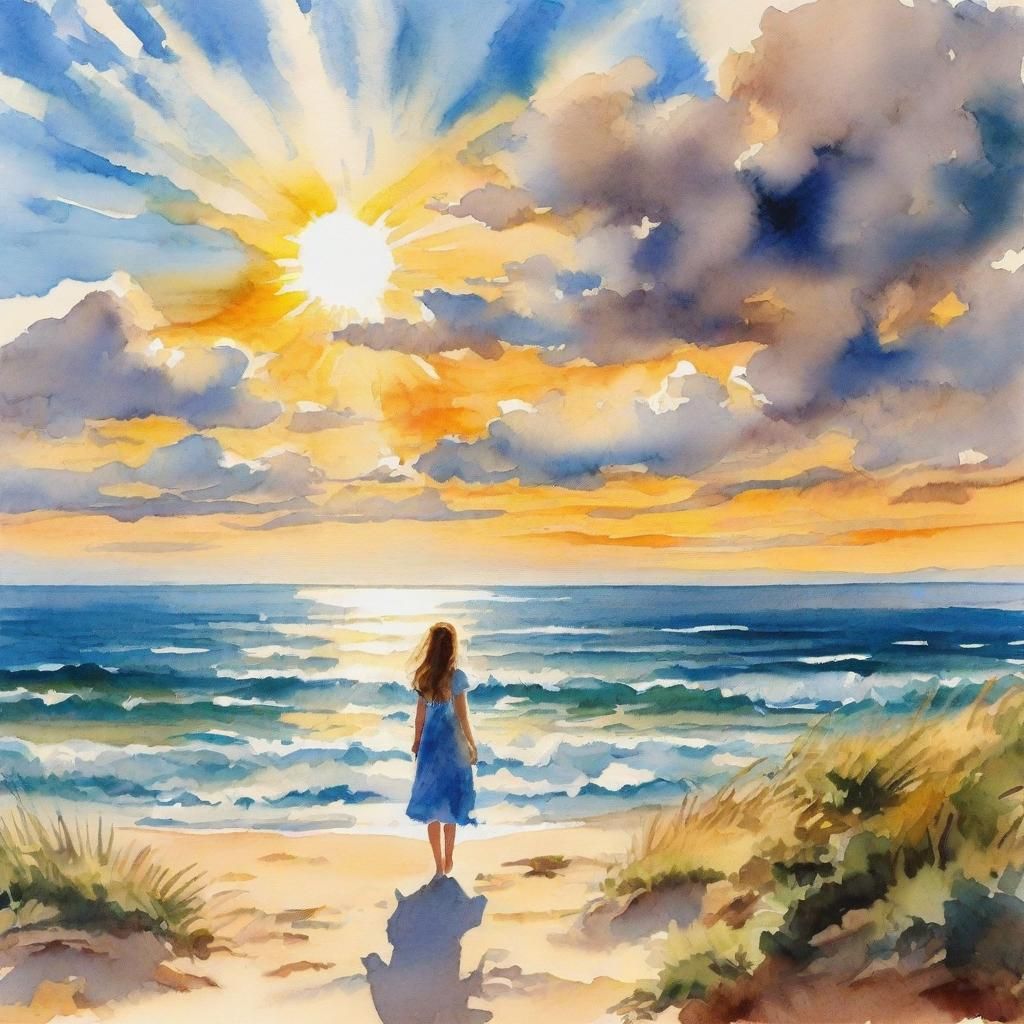 A girl stands in front of the sea