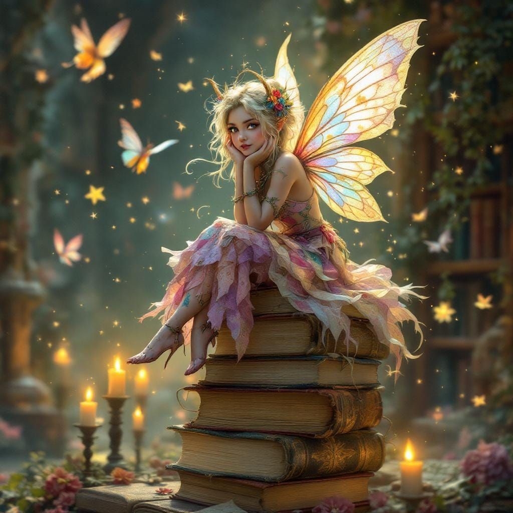 Mischievous Pixie in Whimsical Library with Swirling Stardus...