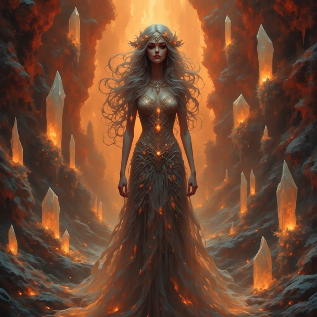 a woman is wearing a shimmering, long, and flowing gown. She is positioned standing and surrounding her are several tall, elongated crystall...