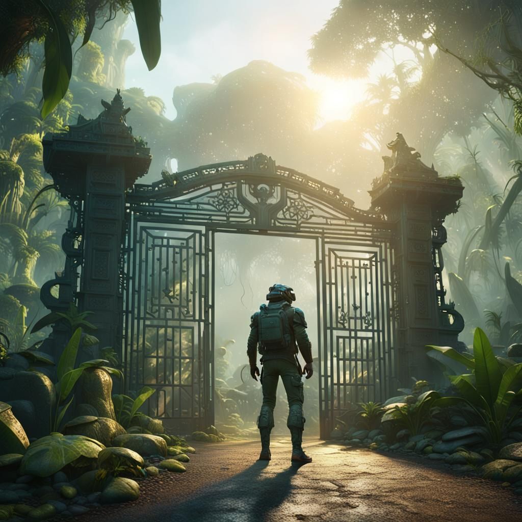 A man stands in front of a large gate in the jungle. A frog ...