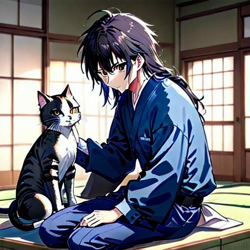 <lora:Interesting Anime:1.0> Japanese Manga cat with 2 golde...