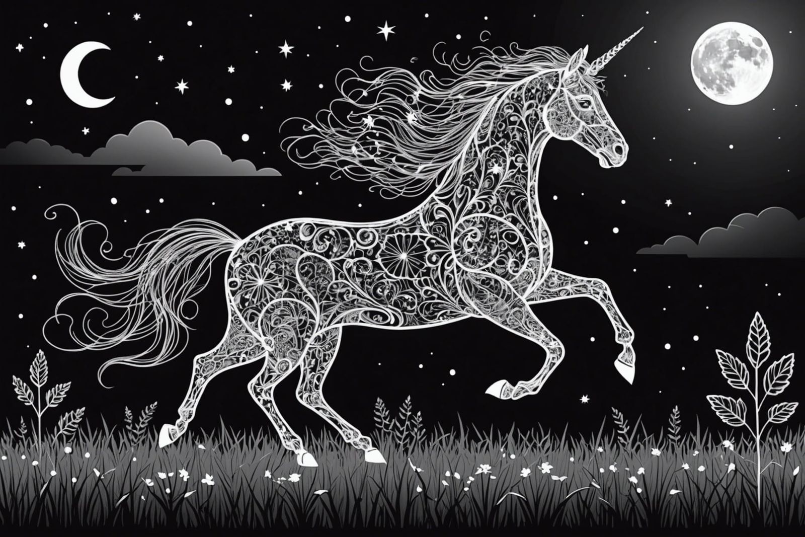 Black and white Line lace  art Unicorn running in a field wi...