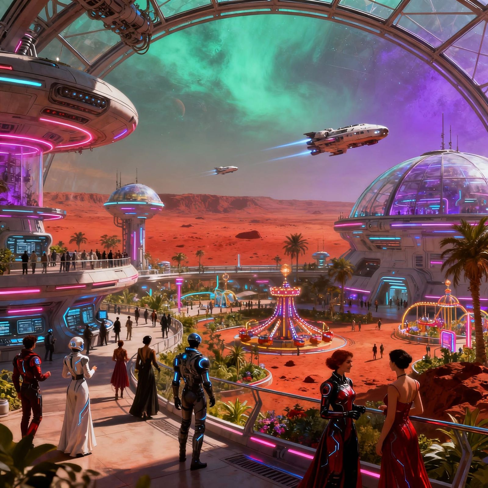 Ultramodern amusement park in a biodome built on Mars