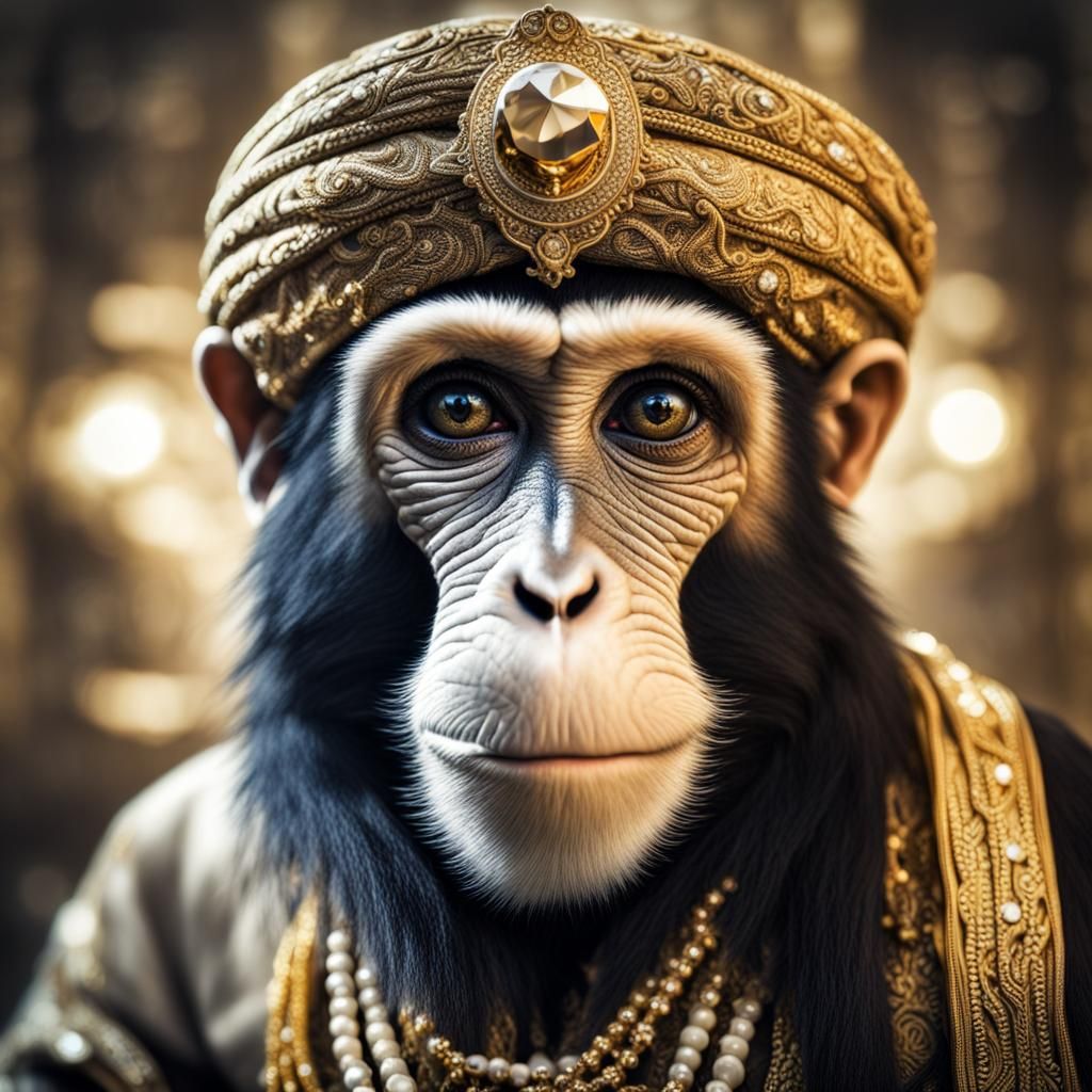 rich arabian monkey wearing gold and diamonds and arabian tu...