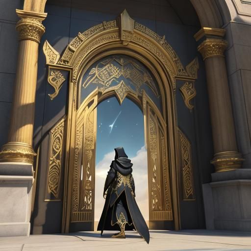 A GOLDEN GATES OF PARADISE 
 with a Dark Hooded LADY  Standi...