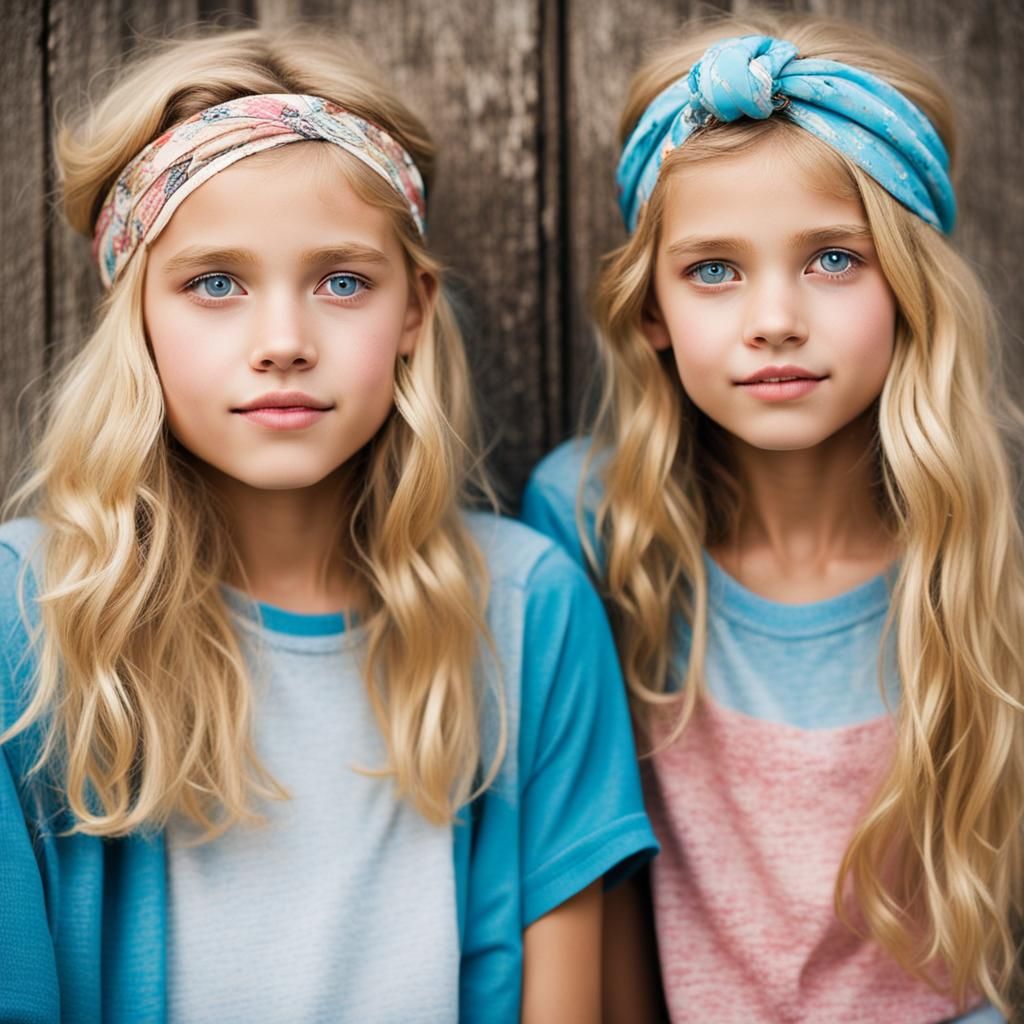 Beautiful young twin girls, slender, with light blonde hair ...