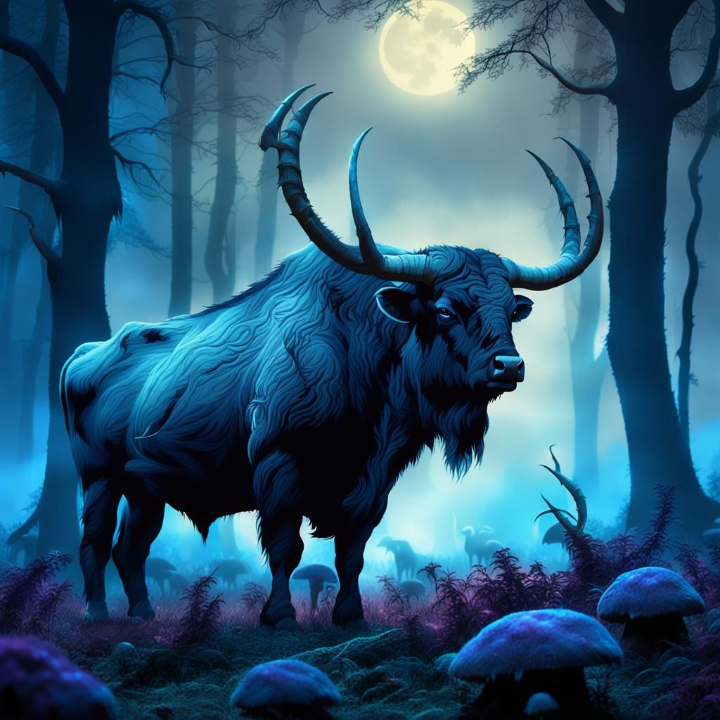 Majestic Aurochs in Blue Moonlight Fantasy Forest