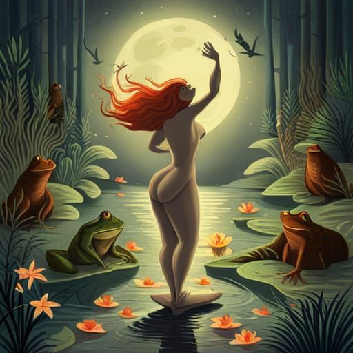 beautiful curvy redhead frog woman covered in botanicals goe...