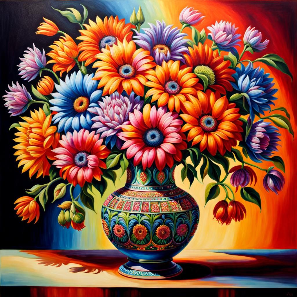 An oil painting of an intricately patterned detailed vase fi...