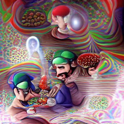 Mario and Luigi eating magic mushrooms, trippy, psychedelic