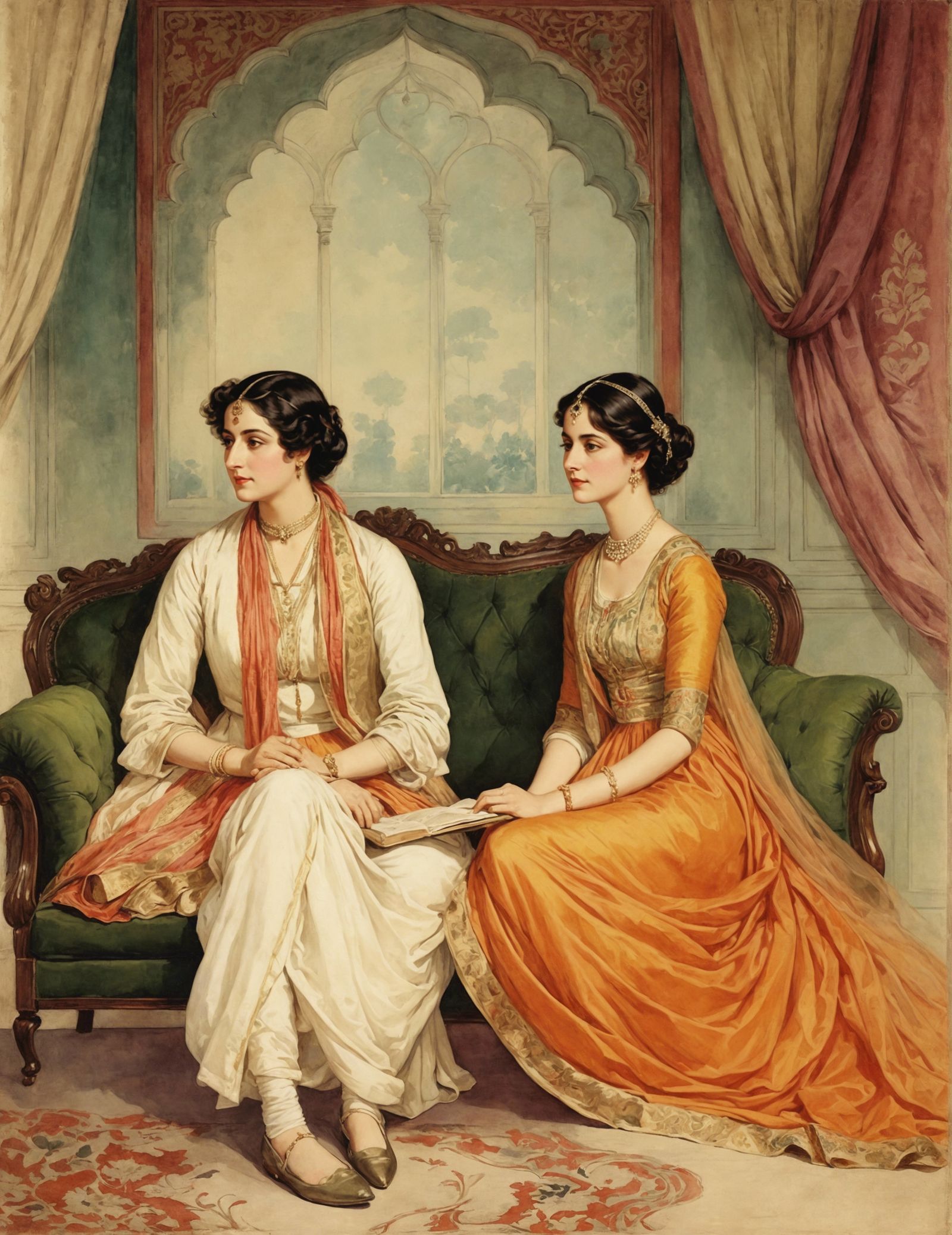 16k resolution, art by Abdur-Rahman Chughtai, Jane Austen, Arthur Conan Doyle, Elizabeth Bennet and Sherlock Holmes in C...