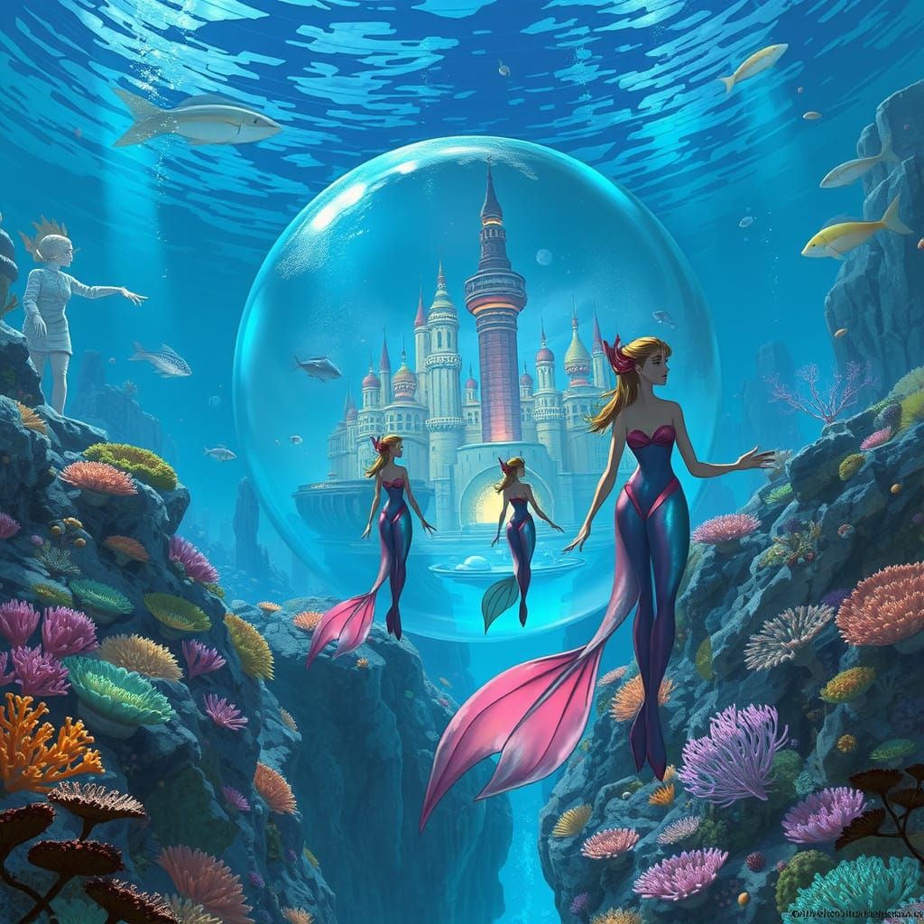 Underwater City with Humanoids in Glass Sphere