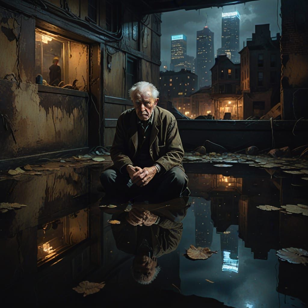 An elderly man sits in a decaying room, partially submerged in dark, stagnant water. His reflection in the water shows a vibrant, bustling c...
