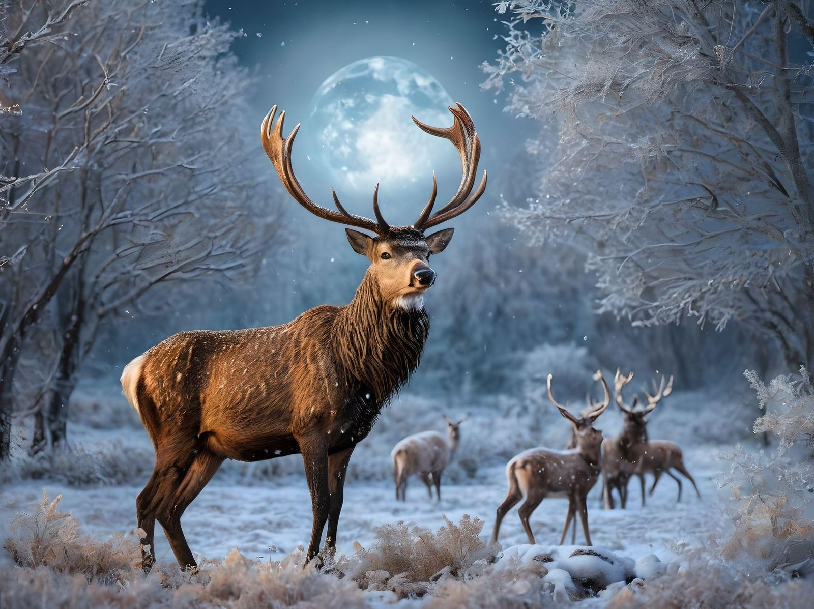 Deer family under moonlight